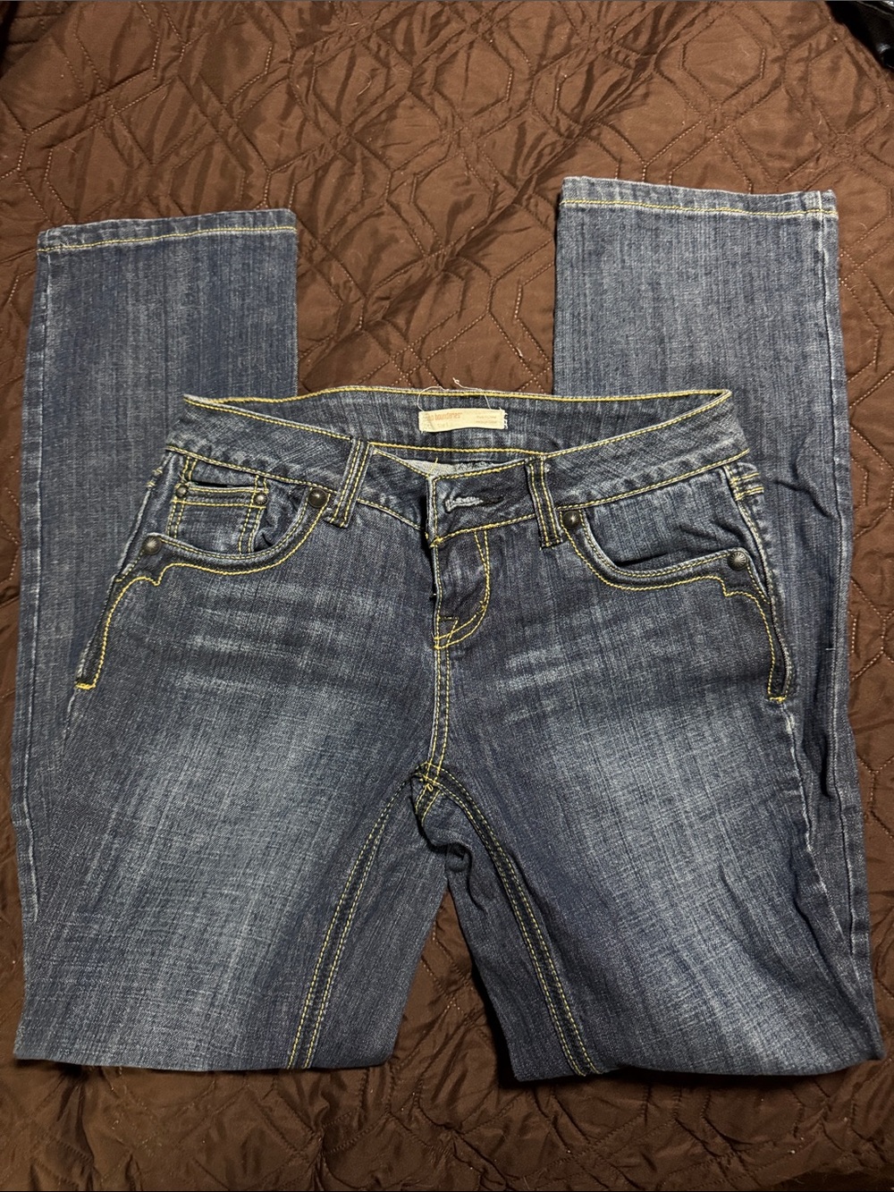 No Boundaries Women's Dark Blue Straight Leg Jeans with Yellow Stitching